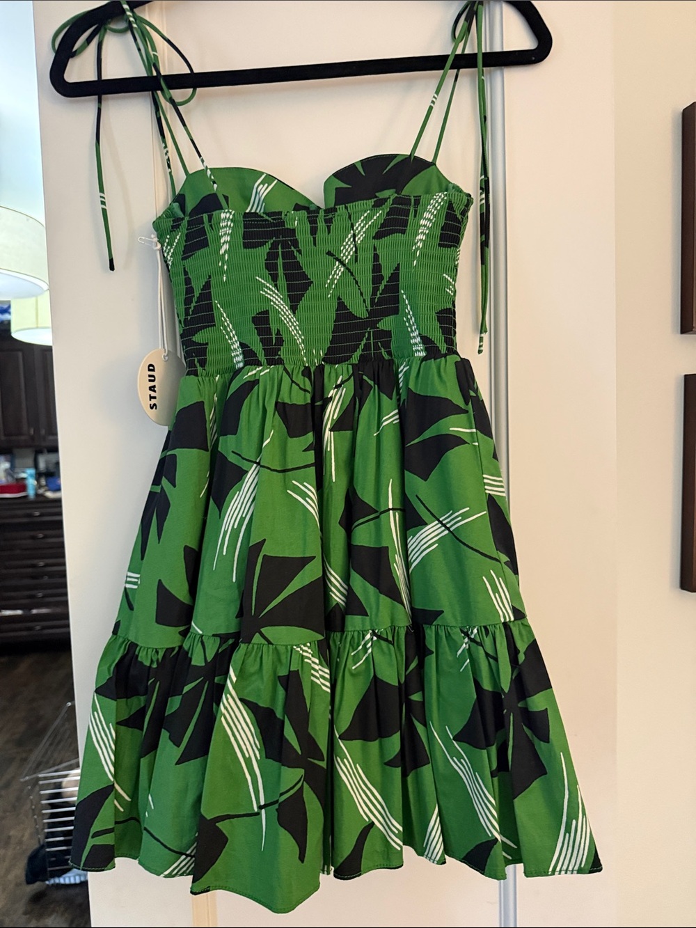 STAUD Green and Black Abstract Tie-Strap Dress - Picture 2 of 4